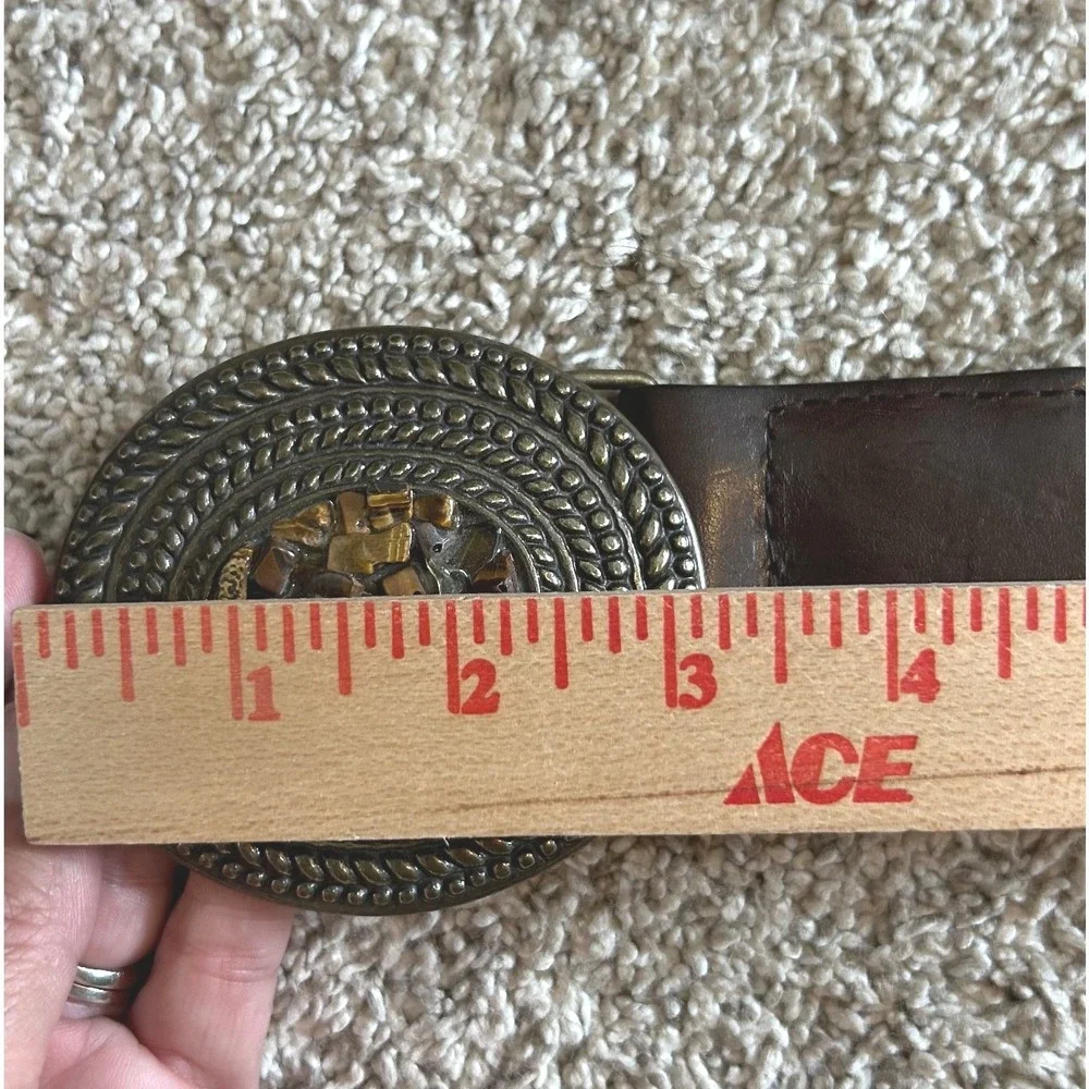Woven Boho Hippie Brown Leather Belt Tigers Eye Stone Buckle Boho Western Small